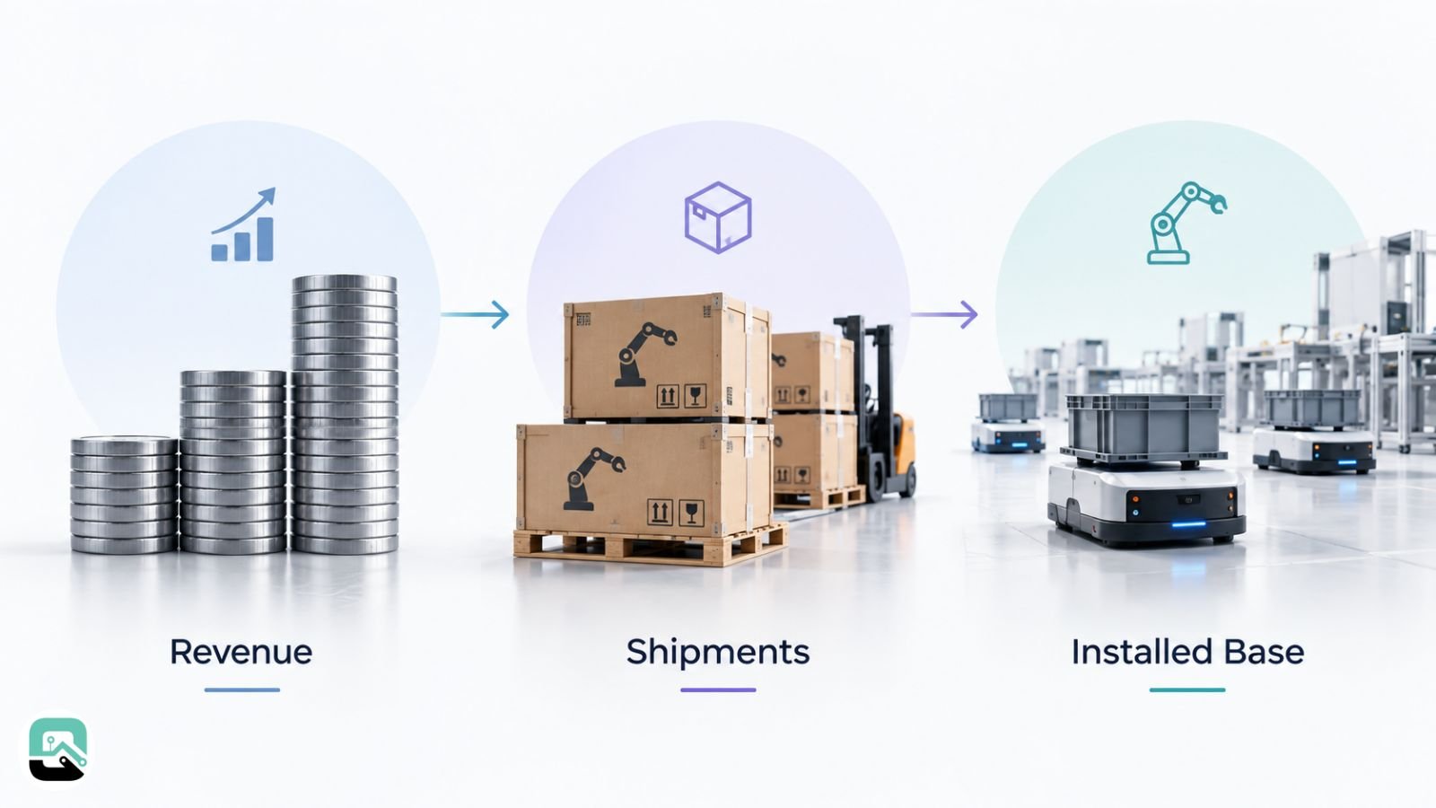 Revenue, robot shipments and installed base compared