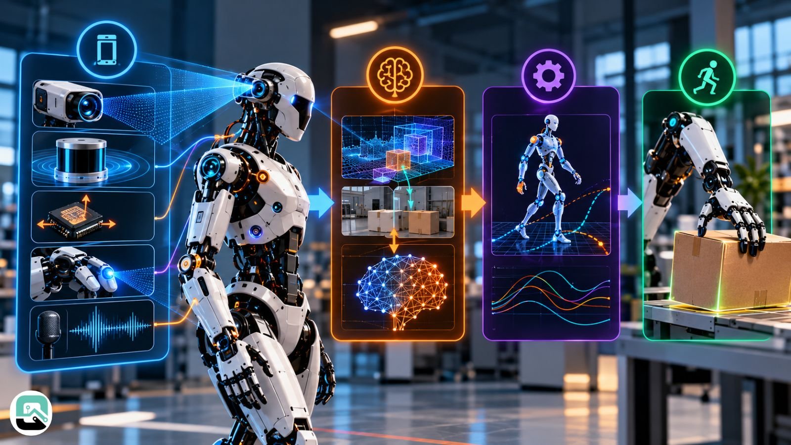 How does a humanoid robot sense its surroundings and decide what to do